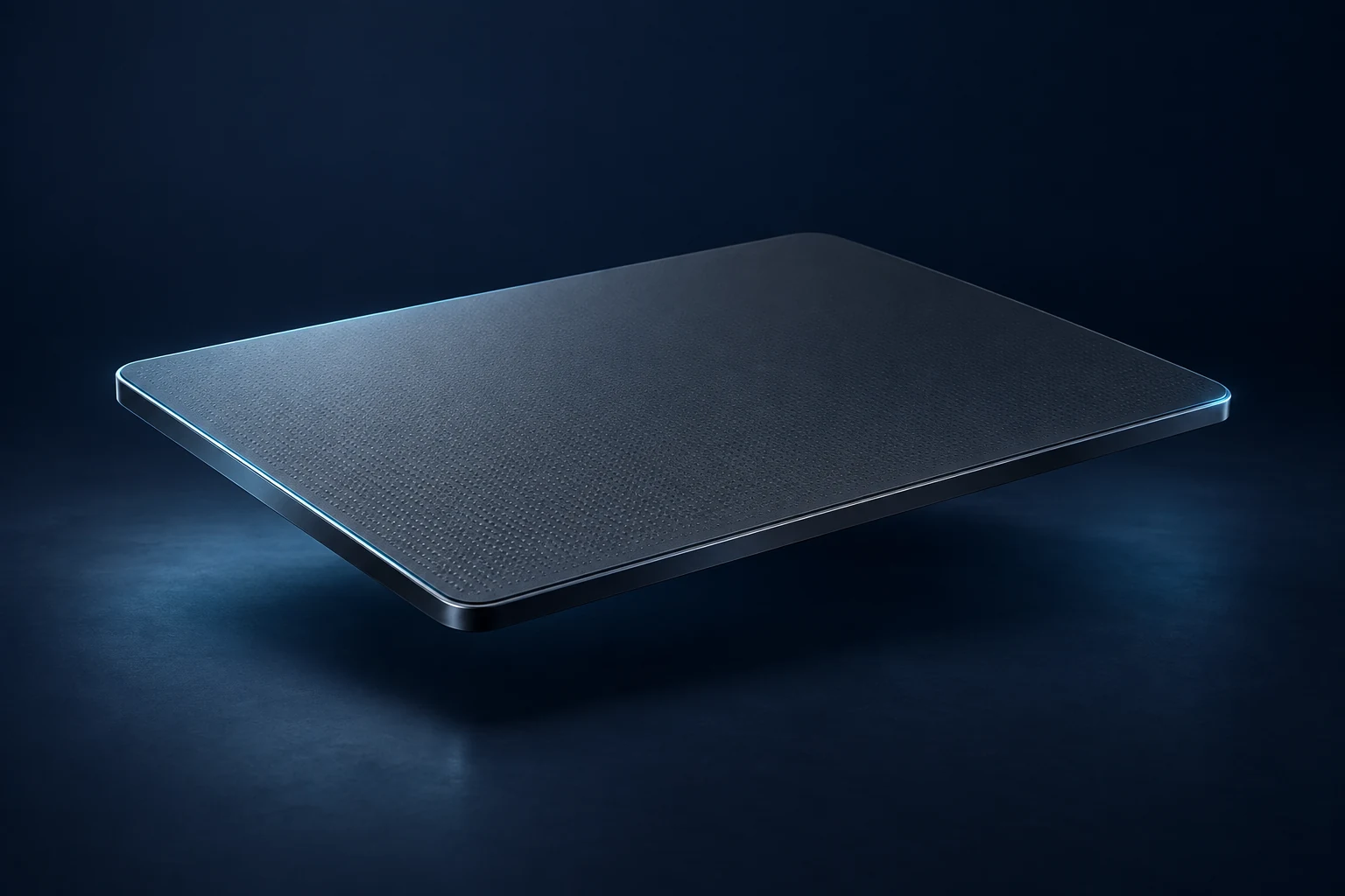 Illustrative slim graphite satellite antenna panel with cyan edge highlights